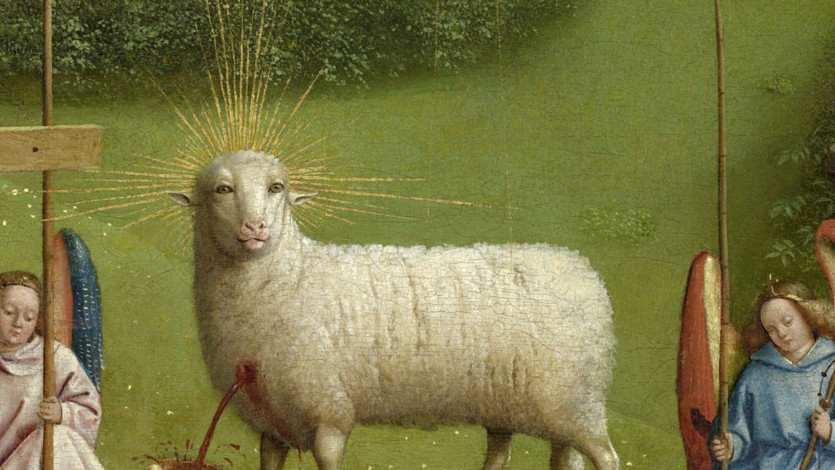 Détail de l'Agneau mystique, peinture flamande , retable de Van Eyck, 1432, Cathédrale Saint-Bavonde Gan Image